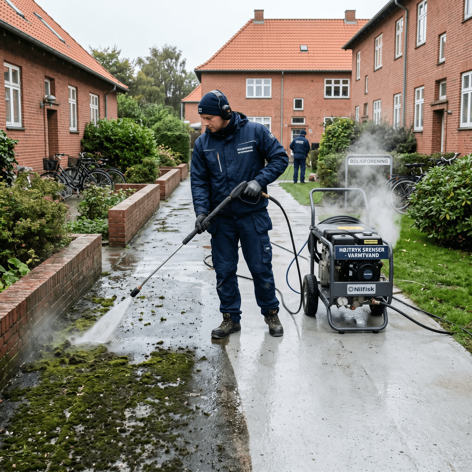 Rensning af mosgroet gangsti i boligforening med hedvandsanlæg på hjul
