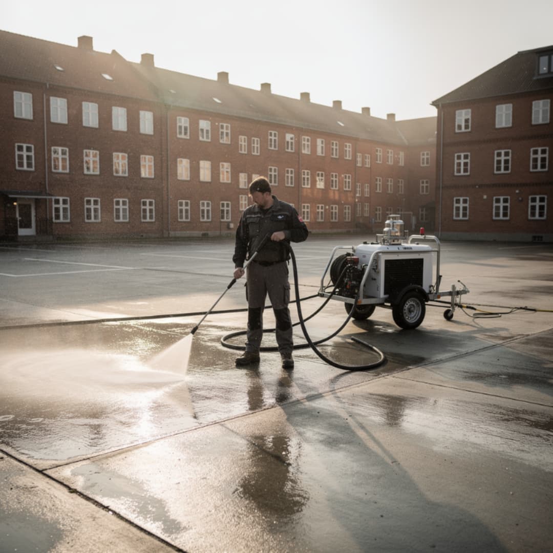 Professionel rensning af parkeringsplads ved erhvervsejendom med varmtvandsanlæg