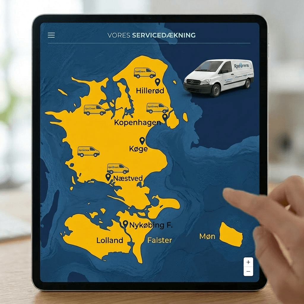 Kort over Sjælland og Radorens serviceområder
